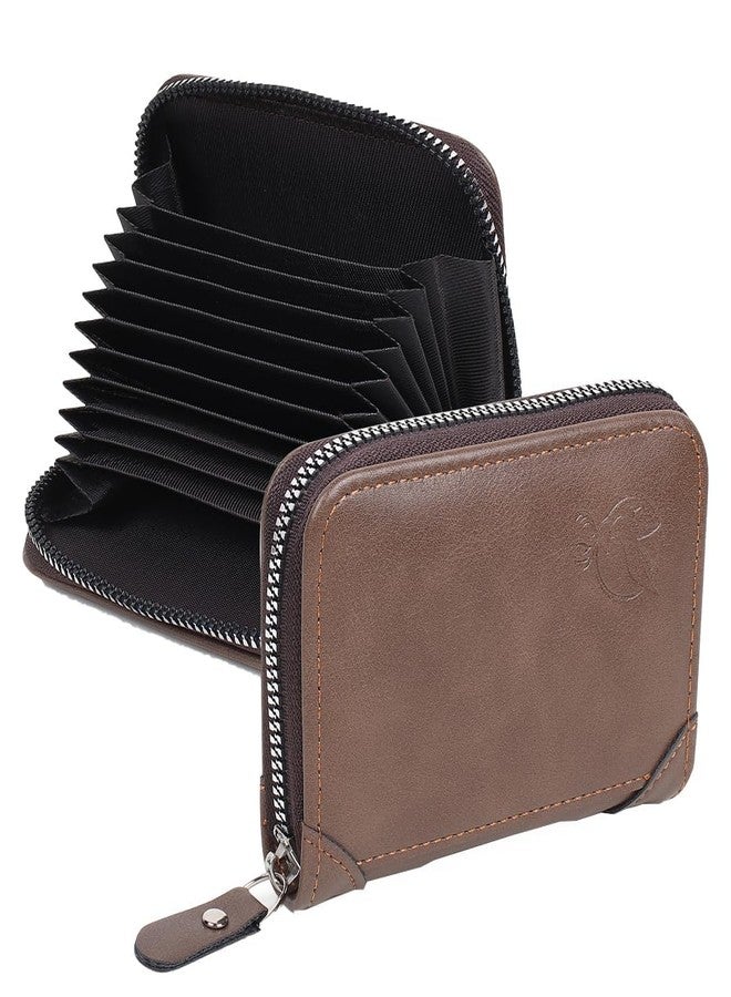 encELade Long-Lasting Leather Zipper Debit/Credit/ATM 10 to 11 Card Holder (Wood) - Image 1